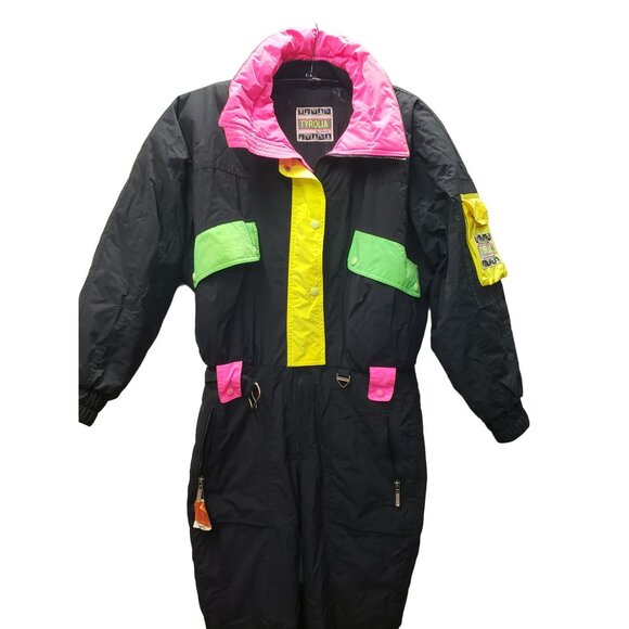 Vintage Tyrolia By Head Ladies Celtech Ski Suit Size 8 Black Pink Green Yellow N - Picture 11 of 16